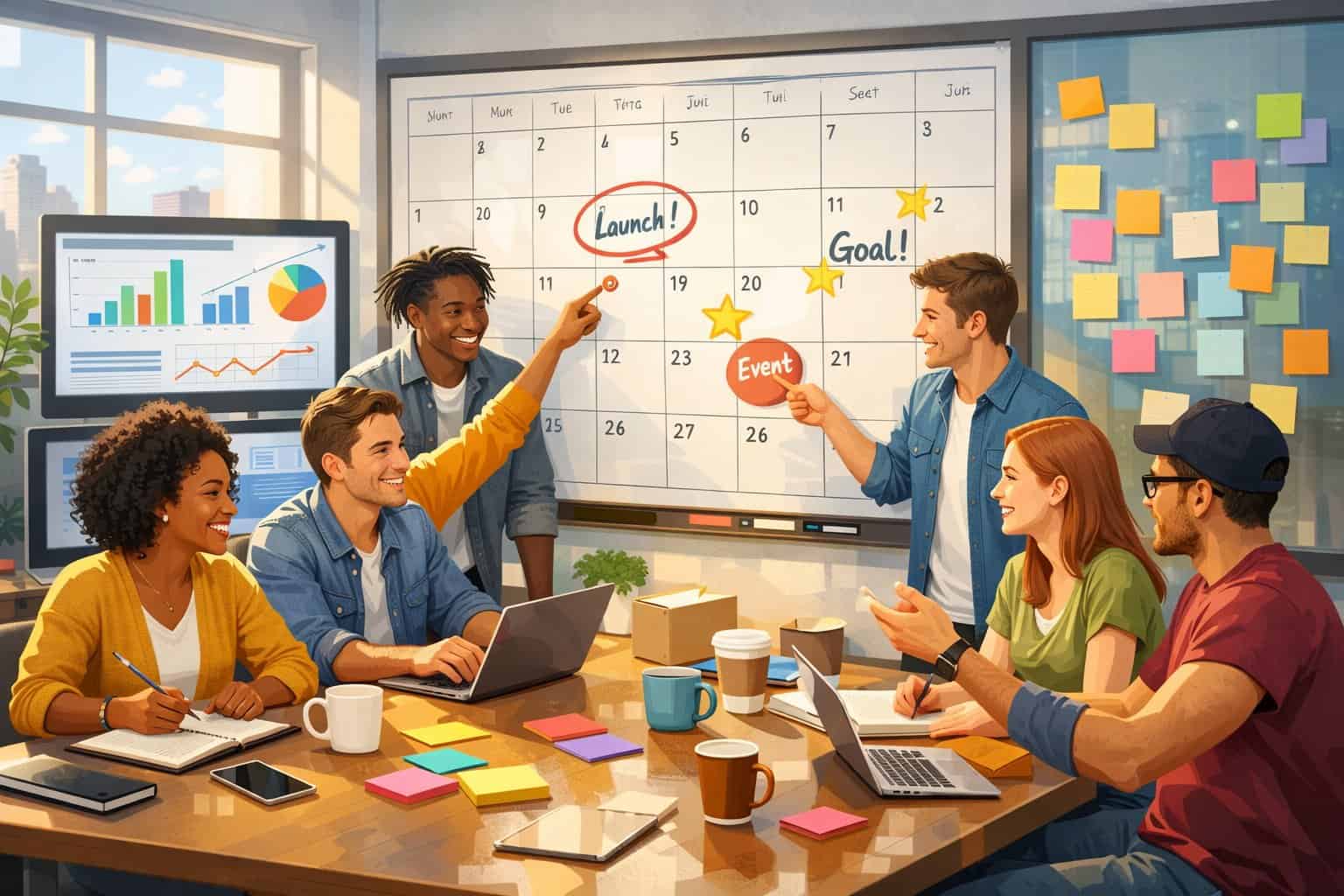 A group of young adults in an office celebrating achievements and planning future goals around a calendar and charts.